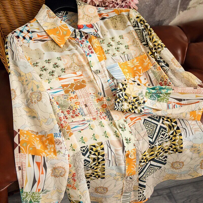 Camisa de seda de morera con estampado Irregular único para mujer, blusa femenina con solapa, Blusas Elegantes de una pieza, Y2k, alta calidad