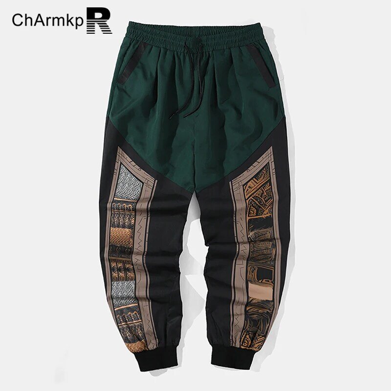 Summer 2024 Long Pants Men Clothing Vintage Ethnic Pattern Patchwork Drawstring Waist Loose Pants Trouser Streetwear Sweatpant