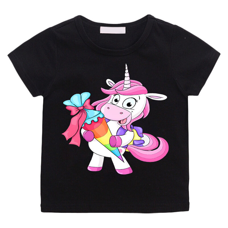Camiseta infantil estampada, cavalo unicórnio, manga curta, blusas jovens, tops de alta qualidade, moda verão, 2024