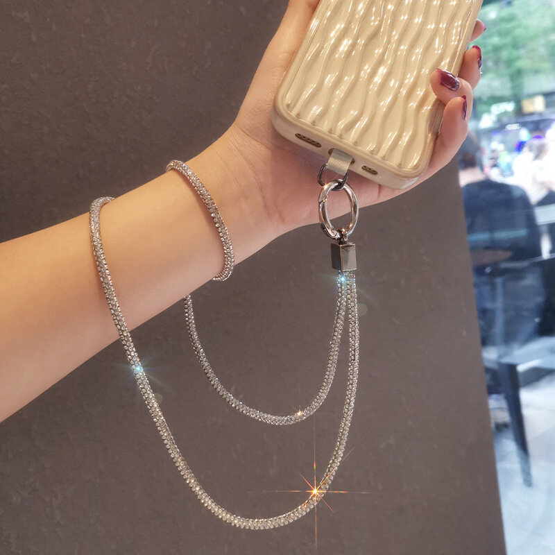Rhinestone Mobile Phone Strap Women's Full Diamond Pendant Clip Short Wrist Style Long Neck Strap Luxury Anti Loss Hanging Chain