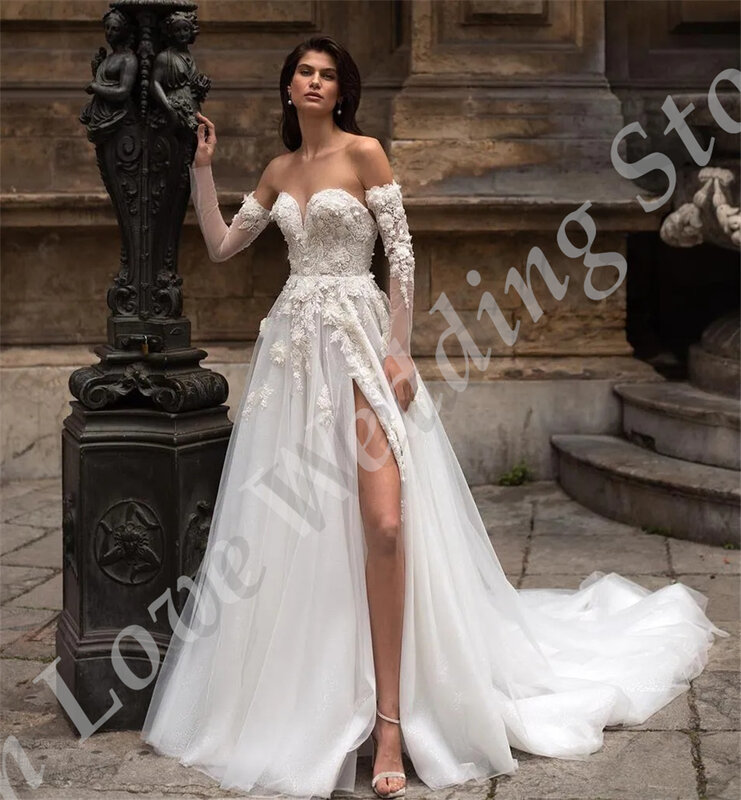 Gaun pernikahan pantai Vestido 2024 gaun pengantin baru A-Line Tulle applique bunga manik-manik lengan panjang lepas pasang leher Sweetheart