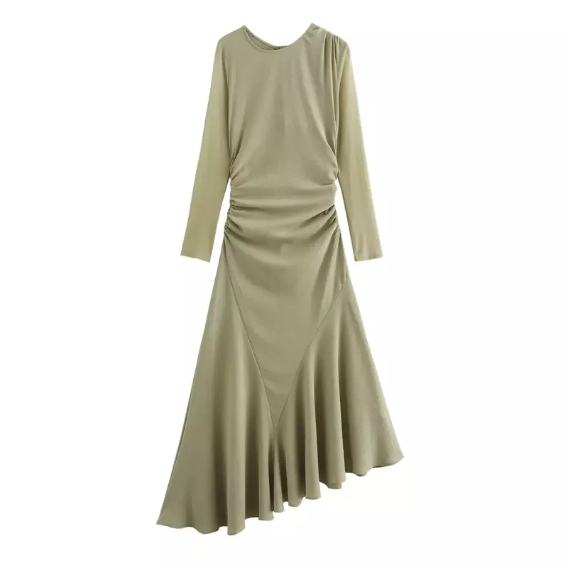 2024 damska nowa szykowna moda laminowana dekoracyjna asymetryczna rąbka długa sukienka Retro długi rękaw z okrągłym dekoltem damska sukienka przedsionek