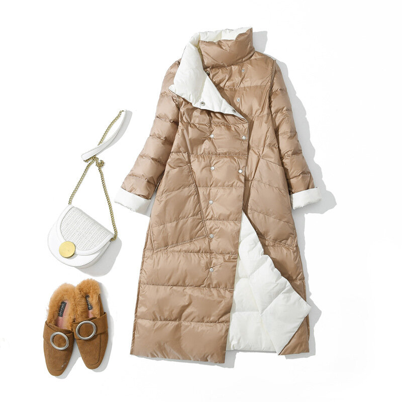 Jaket bulu halus dua sisi wanita, mantel musim dingin kerah berdiri medium ringan putih bebek musim dingin