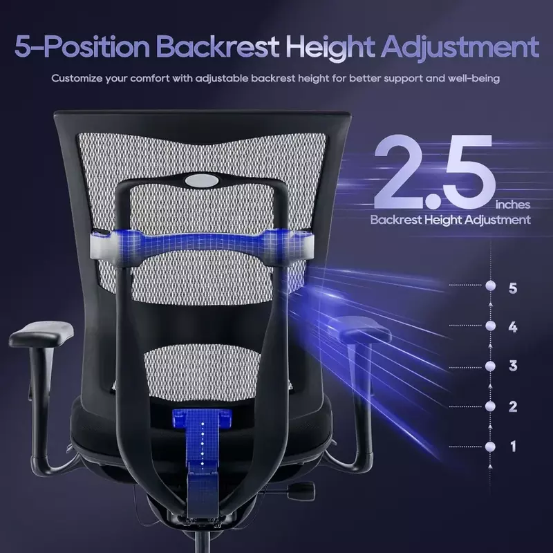 Office chair wide seat, ergonomic mesh chair with height-adjustable backrest, armrest sliding seat - black