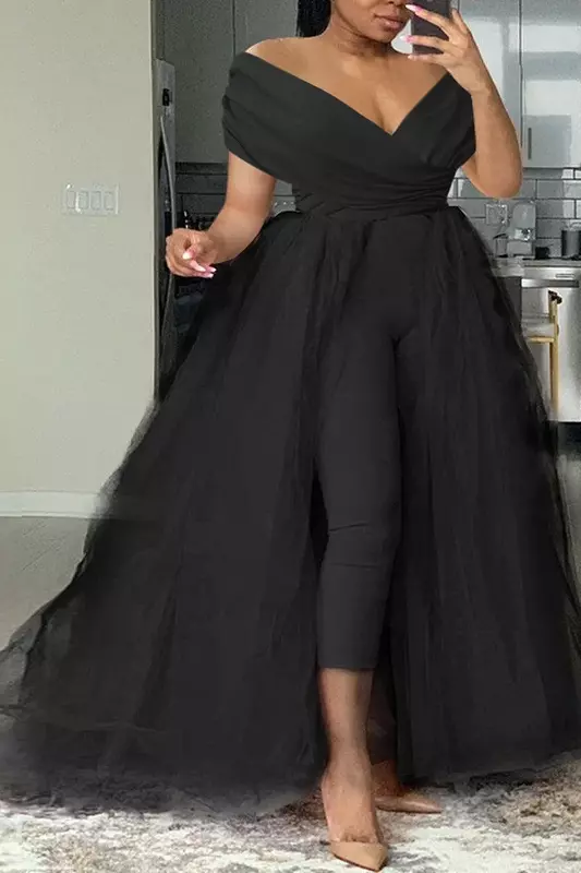 Plus Size Formal Casual One Piece Outfit Solid Off The Shoulder V Neck Tulle Jumpsuit ELegant (With Tulle Skirts)