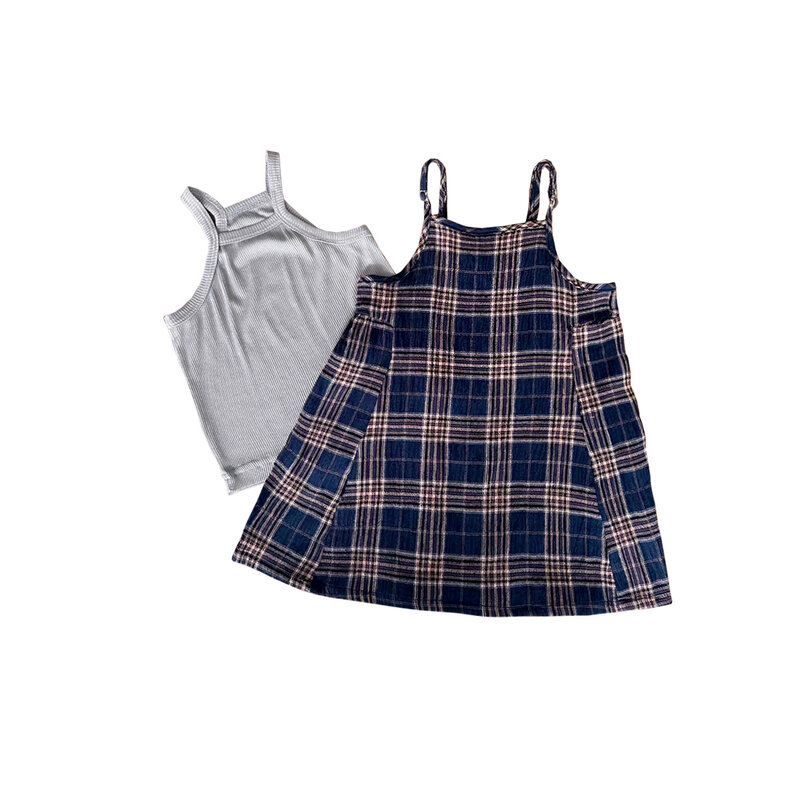 Ensemble de vêtements 2 pièces pour bébés filles, robe trapèze à carreaux, col carré, couleur unie, tenue pour nouveau-né