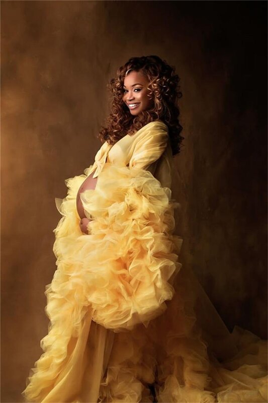 Yellow Maternity Dresses For Photo Shoot Prom Gown Full Sleeves Puffy Tiered Organza Mother Bathrobe Formal Evening Dress