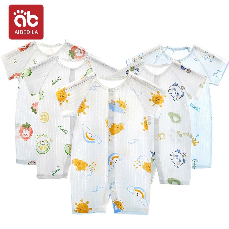 AIBEDILA Summer Newborn Jumpsuit Cotton Rompers Short Sleeves Baby Boy Girl Clothes 0-18M Baby Print Bebes Infant Onesie