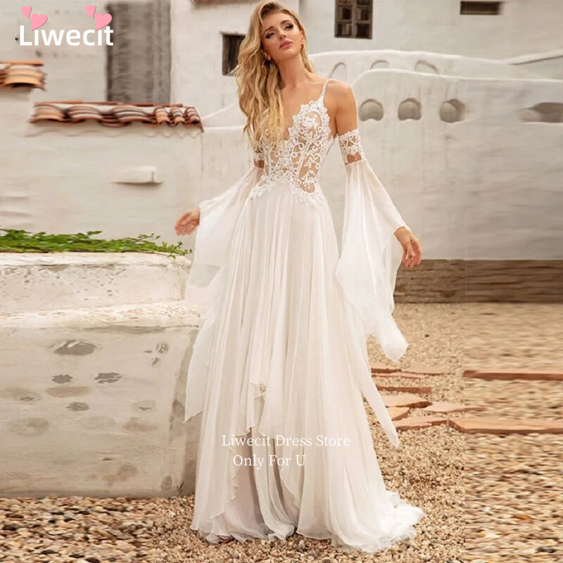 Liwecit Modern Wedding Dresses Spaghetti Strap Chiffon Detachable Sleeves Vestido De Noiva Bridal Engagement Robe Mariee