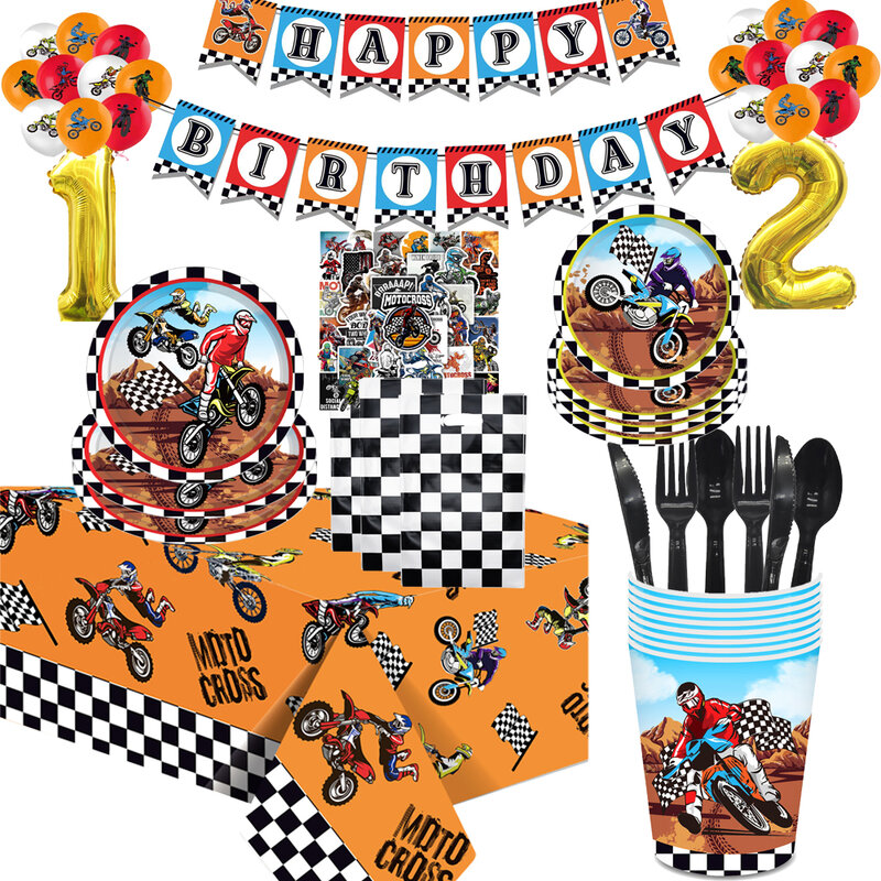 Fournitures de fête d'anniversaire de vélo pour enfants, décorations de fête à thème moto, assiettes et serviettes, faveurs de motocross britware, D343