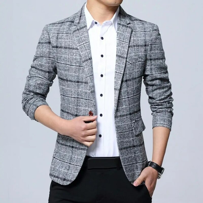 2024 Plaid Suit Jacket Male Linen Plaid Business Blazer Fashion Men Lapel Slim Fit Blazer Jacket Coat Button Decor Business Suit