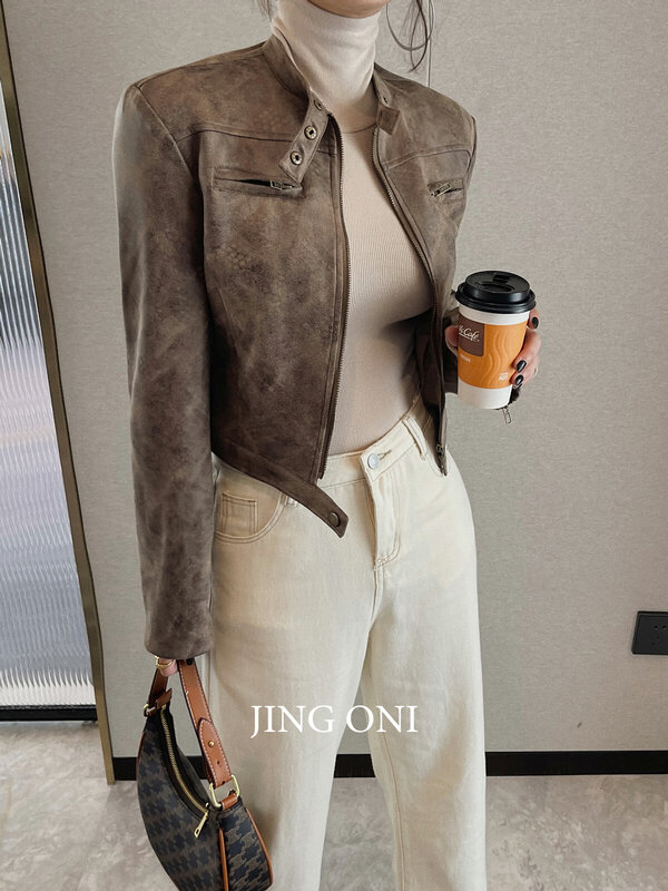 Blouson aviateur en cuir Y2K pour femme, manteau de motard avec fermeture éclair, mode coréenne vintage, vêtements de luxe élégants, 2023
