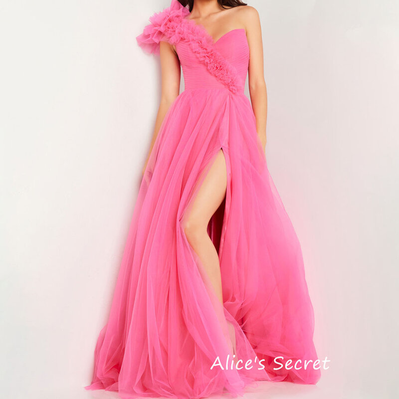 Ballgown Elegant Tulle Prom Dress One Shoulder Ruffle Sleeveless Sweetheart Pleated High Slit Full Length