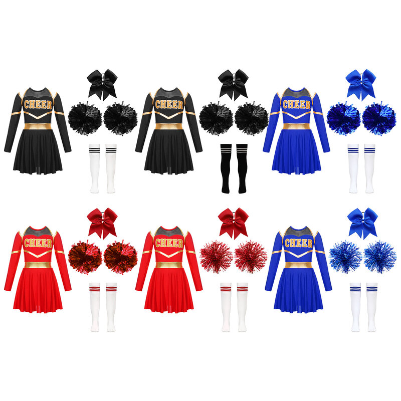 Cheerleader Costume for Girls, Halloween, Cheerleading Dress, Pom Poms Bow, Clipe de cabelo, Meias, Birthday Party Gifts, Kids