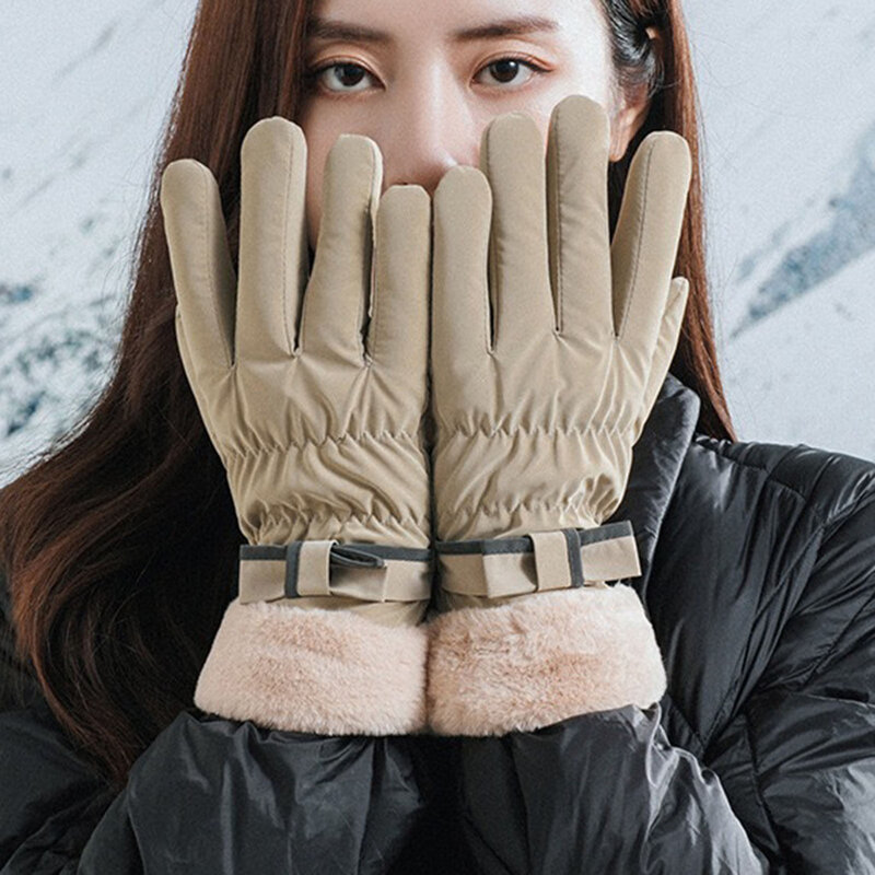 Sarung tangan berkendara wanita, tahan angin tebal lembut bulu manset Anti licin desain tahan air untuk cuaca dingin luar ruangan ski bersepeda