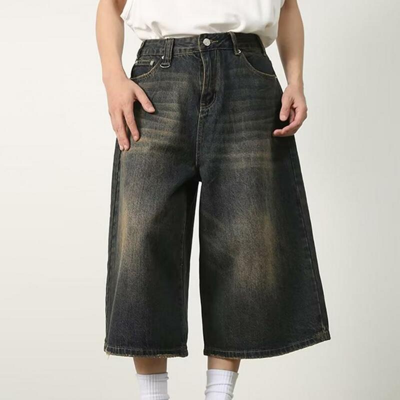 Men Cropped Pants Men's Summer Gradient Color Wide Leg Cropped Jeans with Button Zipper Closure Mid-rise Denim for Streetwear