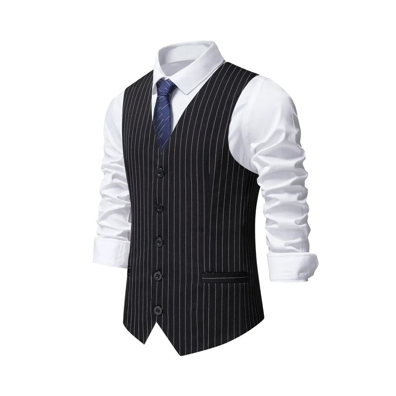 XX382Black striped men's vest, spring and autumn suit vest, slim waistcoat, British business vest, professional groom's outfit