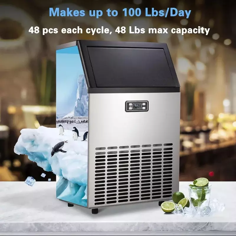 Pembuat es, mesin es komersial, 100Lbs/hari, mesin es baja tahan karat dengan kapasitas 48 Lbs, Ideal untuk restoran, bar, rumah