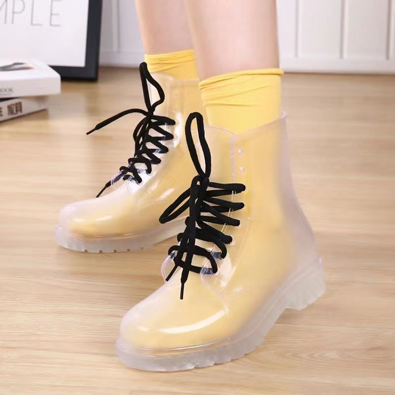 2023 New Women's Transparent Jelly Rain Shoes Soft Sole Non Slip High Top Lace Up Water Shoes Free Shipping Fashion Rubbers