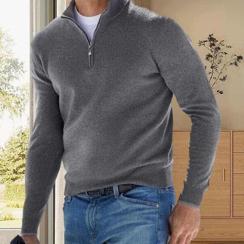 남성용 스탠드 칼라 V넥 스웨터, 신축성 있는 긴팔, 부드러운 지퍼 넥, 단색, 슬림핏, 가을, 겨울