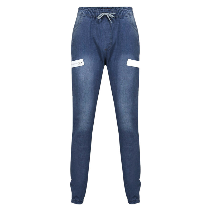 Men Fashion Casual Denim Trouser Pure Colour Jeans With Zipper Pocket Casual Slim Fit Drawstring Elastic Waist Streetwear Pants