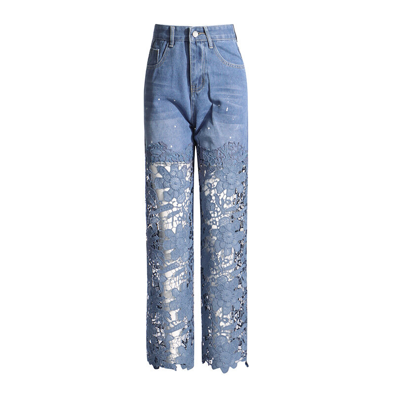 JNMC-calças femininas de cintura alta com emenda de renda, design floral, jeans casual, temperamento e moda, novo, primavera, verão, 2022