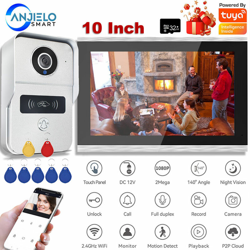 TUYA 1080P 10 Inci 7 Warna Layar Sentuh Bel Pintu Video Wifi Nirkabel Peralatan Interkom Rumah Aplikasi Pintar untuk Sistem Kontrol Akses RFID