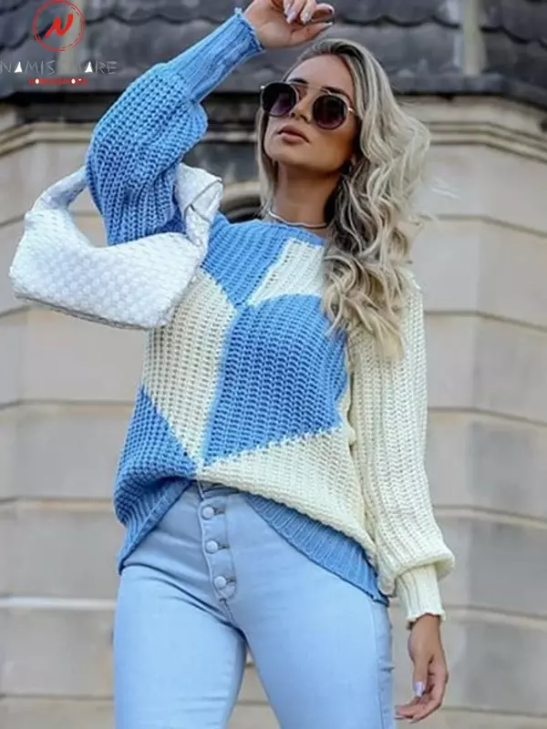 여성 하트 프린트 스웨터 구멍 뚫린 디자인 시스루 o-넥 긴 랜턴 슬리브, 봄 가을 캐주얼 루즈 니트 탑