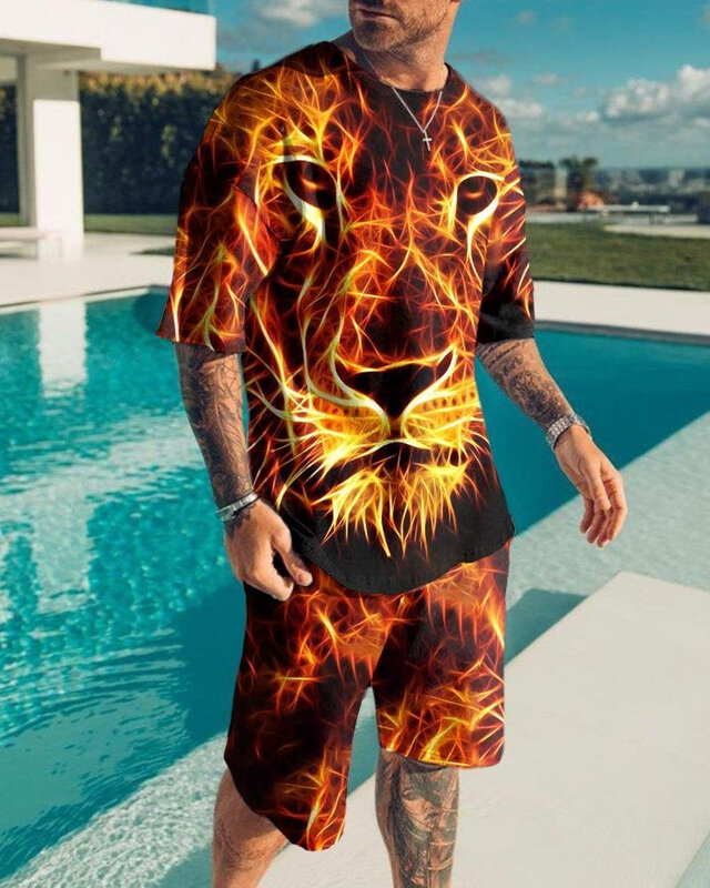Camiseta e shorts de manga curta com decote em O masculino, terno esportivo solto estampado em 3D, rosto de leão flama, moda lazer, verão