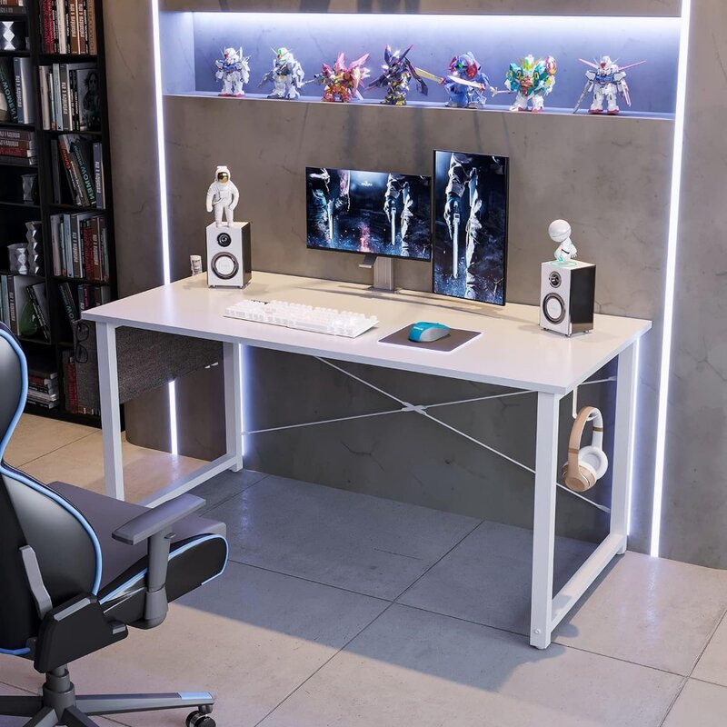Computer-Schreibtisch 55 Zoll, robuster Home-Office-Tisch, Schreibtisch mit Aufbewahrung tasche und Kopfhörer haken, weißes weißes Bein