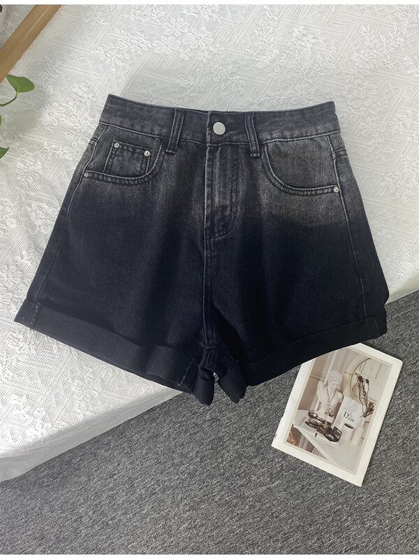 Celana pendek pinggang tinggi hitam untuk wanita, celana pendek musim panas kasual Y2k bergaya Korea Vintage longgar ukuran ekstra besar modis Harajuku