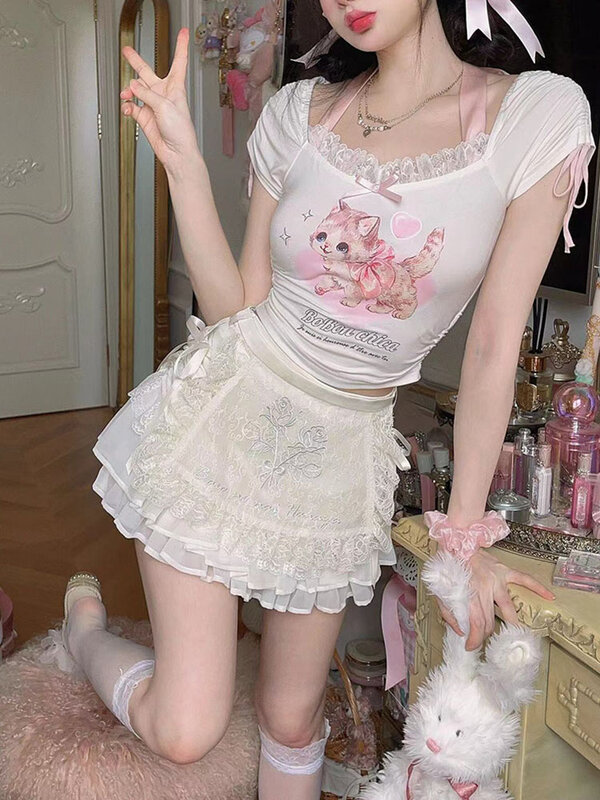 Японская Милая Мини-юбка в стиле "Лолита" с цветочной вышивкой, Милая Кружевная Лоскутная трапециевидная юбка Y2k в стиле Харадзюку с высокой талией для девушек