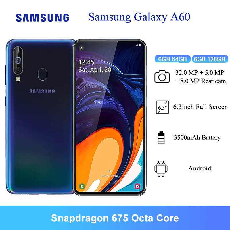 Samsung-Smartphone Galaxy a60, nfc,携帯電話,snapdragon 675プロセッサ,オクタコア,6/8rom, 16mpフロントカメラ,6.3インチ画面,3500mahバッテリー
