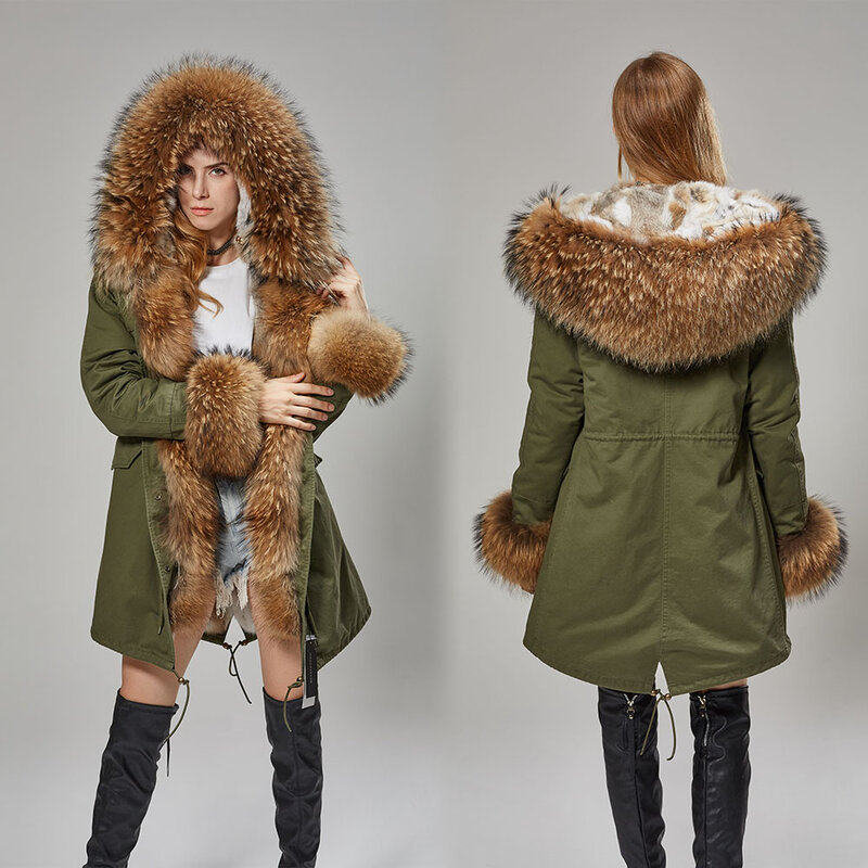 Maomaokong-女性用のウサギの裏地付きジャケット,本物のアライグマファーカラー,長くてふわふわの毛皮の裏地付きジャケット,キツネの毛皮のような服,新しいコレクション2022