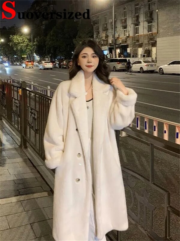 Abrigo grueso de piel sintética para mujer, Chaqueta larga y cálida de conejo falso, prendas de vestir exteriores coreanas de alta calidad, abrigo peludo elegante de lujo para invierno