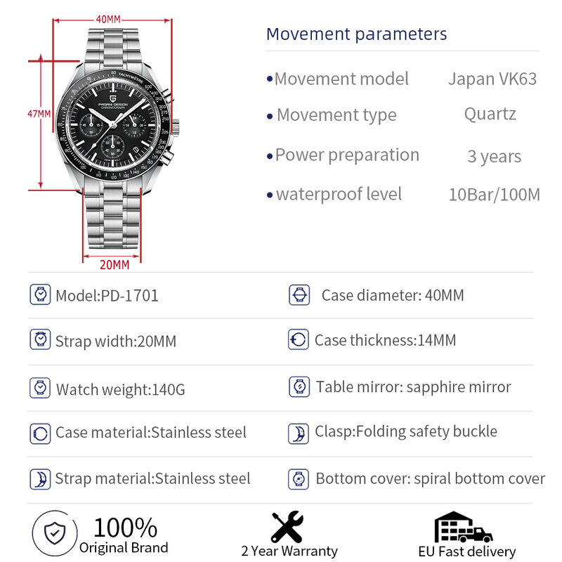 PAGANI DESIGN 2024 nuovo V5 PD1701 orologi da uomo orologio al quarzo di lusso da uomo cronografo sportivo da velocità AR vetro zaffiro 100M impermeabile
