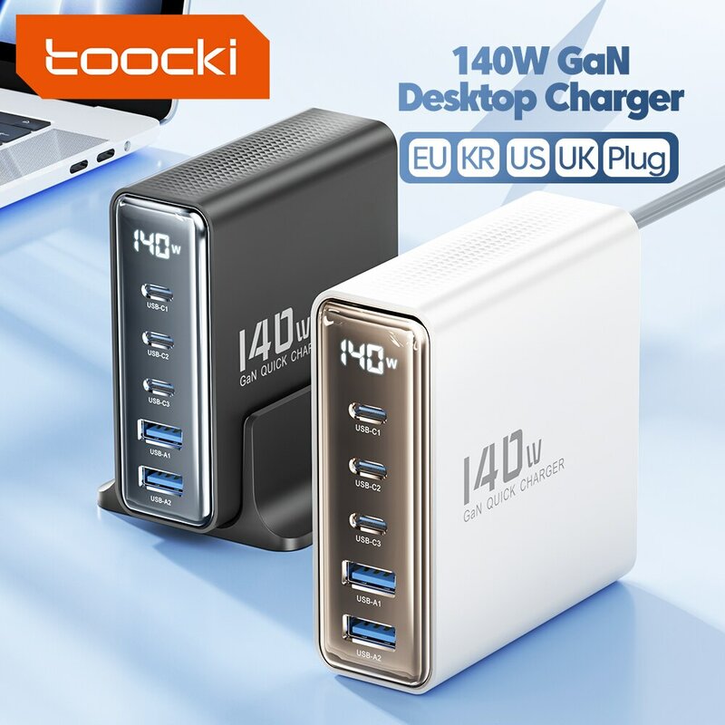 Toocki-Carregador USB de Desktop Tipo C, Carregamento Rápido, Display LED, iPhone, Xiaomi, Smartphone, Laptop, 5in 1, GaN, 140W
