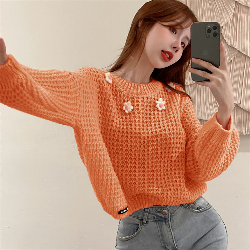 Suéter de manga larga para mujer, suéter coreano de cuello redondo, suelto, informal, sólido, combina con todo, top para mujer 2023