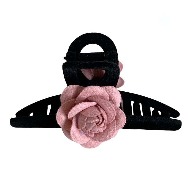2024 Korean Pink Velvet Camellia Hair Claw Hairpin for Women Vintage Elegant Flower Shape Shark Clip Headwear Hair Accessories