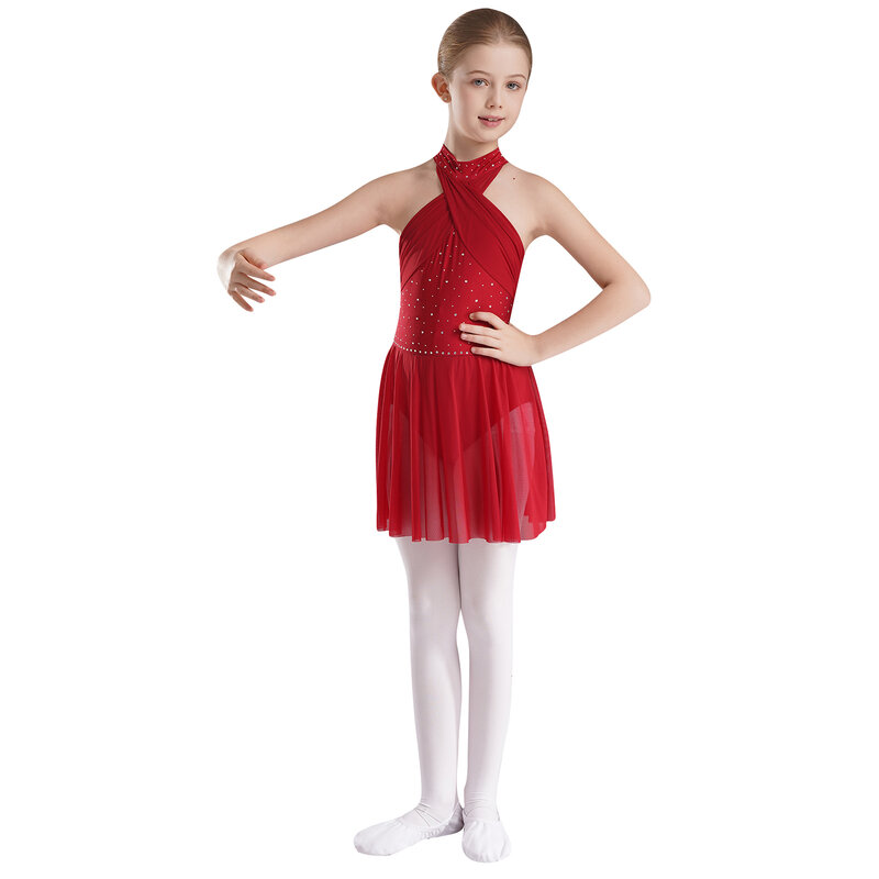 Disfraz de baile lírico contemporáneo moderno para niñas, Dimonds brillantes, vestido de baile Halter cruzado, leotardo de gimnasia, Ropa de baile