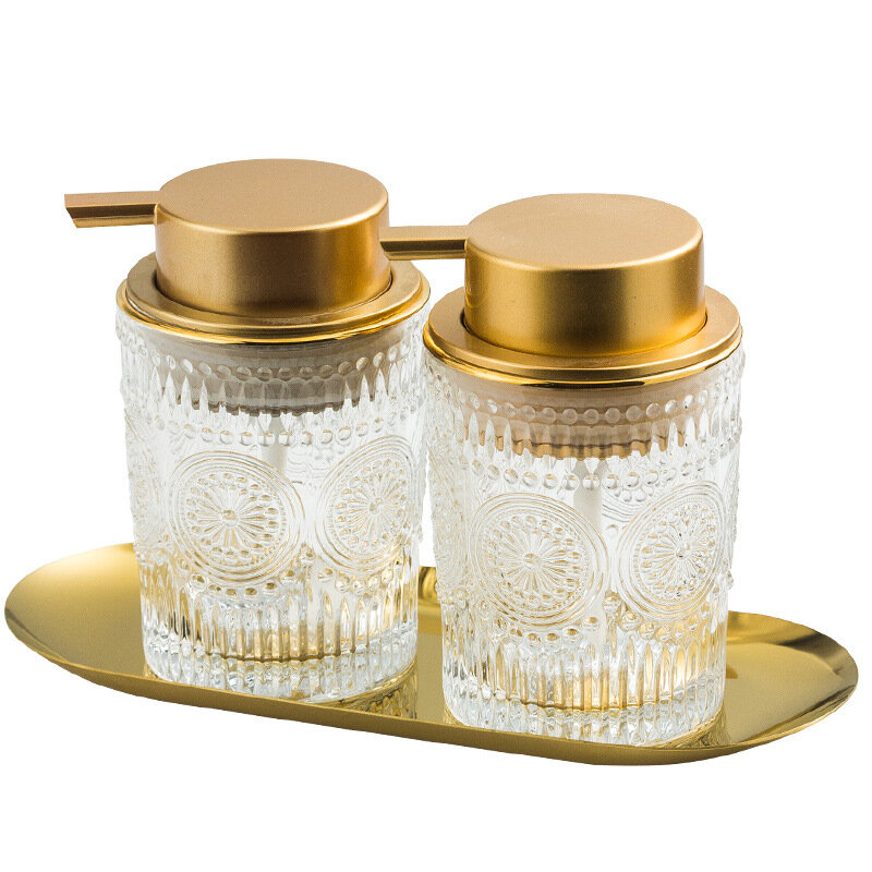 ขวดสบู่แก้วสไตล์ยุโรปสีทองชุดขวดแชมพูแบบตั้งโต๊ะสำหรับตกแต่งบ้านและห้องน้ำ