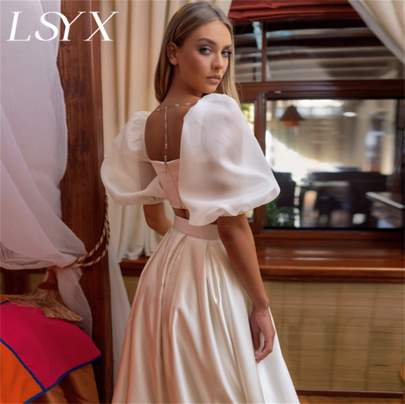 LSYX-vestido de novia fruncido de satén con mangas abullonadas para mujer, vestido de novia moderno con cremallera, tren de barrido, hecho a medida, 2 piezas