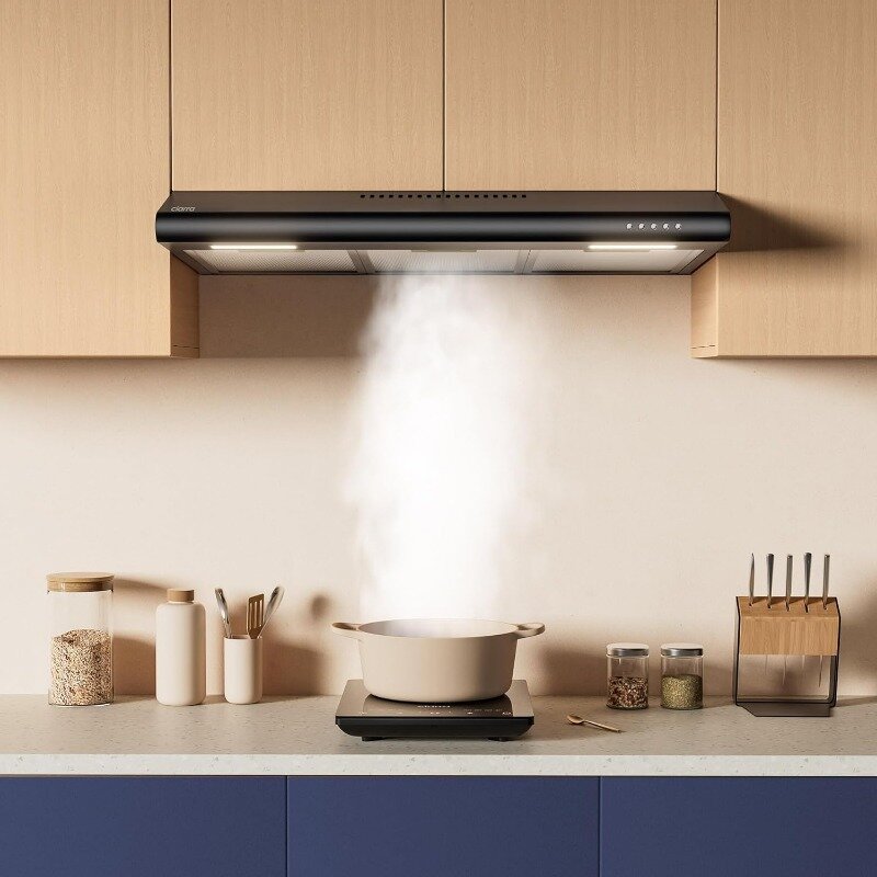CIARRA-Black Ductless Range Hood ventilação para cozinha, sob o design do armário, anti-impressão digital, 30"