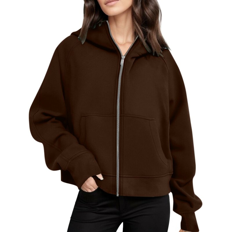 Zip Up Cropped Hoodies For Women Solid Casual Hooded Sweatshirts Female Retro Harajuku Plush Jacket Coat Fall Winter Streetwear