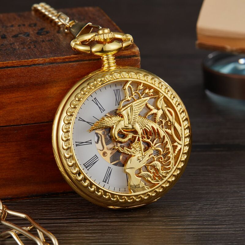 นาฬิกาพกระบบกลไกแบบโบราณโบราณโบราณแสดงตัวเลขโรมันแบบย้อนยุคดูหรูหรารูปนกฟีนิกซ์แบบแมนนวล
