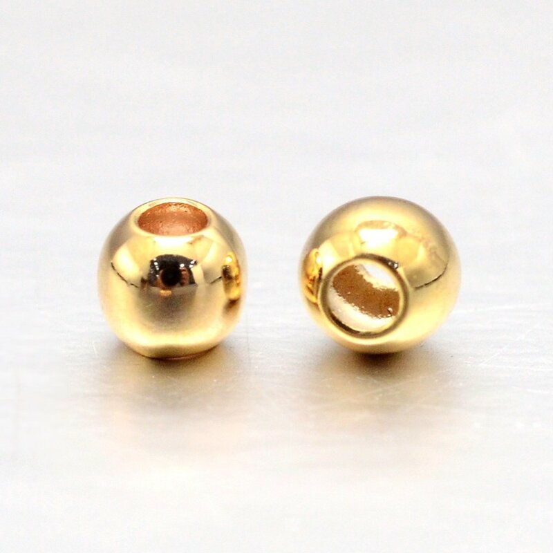Perles d'espacement rondes en laiton plaqué or véritable 18 carats, sans plomb, sans cadmium, sans dégrad, trou de 3mm, 1mm, 50 pièces
