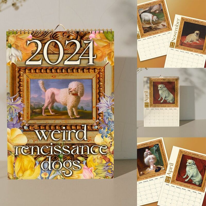 中世の奇妙な犬の壁カレンダー、面白い家の装飾、新年の贈り物、2024