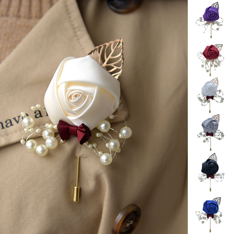 Wstążkowa róża kwiat złoty liść moda broszka Pin dla mężczyzn kobiet jedwabne dziurki drużby na imprezę bal garnitur akcesoria ślubne