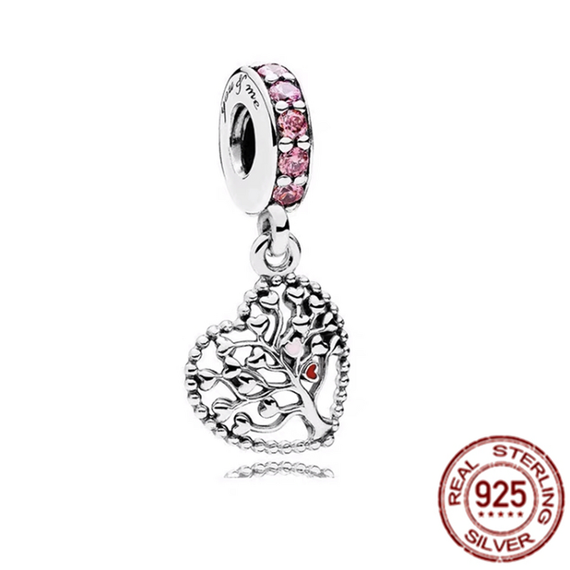 Ajuste original pandora pulseira sparkling rosa coração árvore da família balançar encantos contas 925 prata esterlina moda jóias para as mulheres