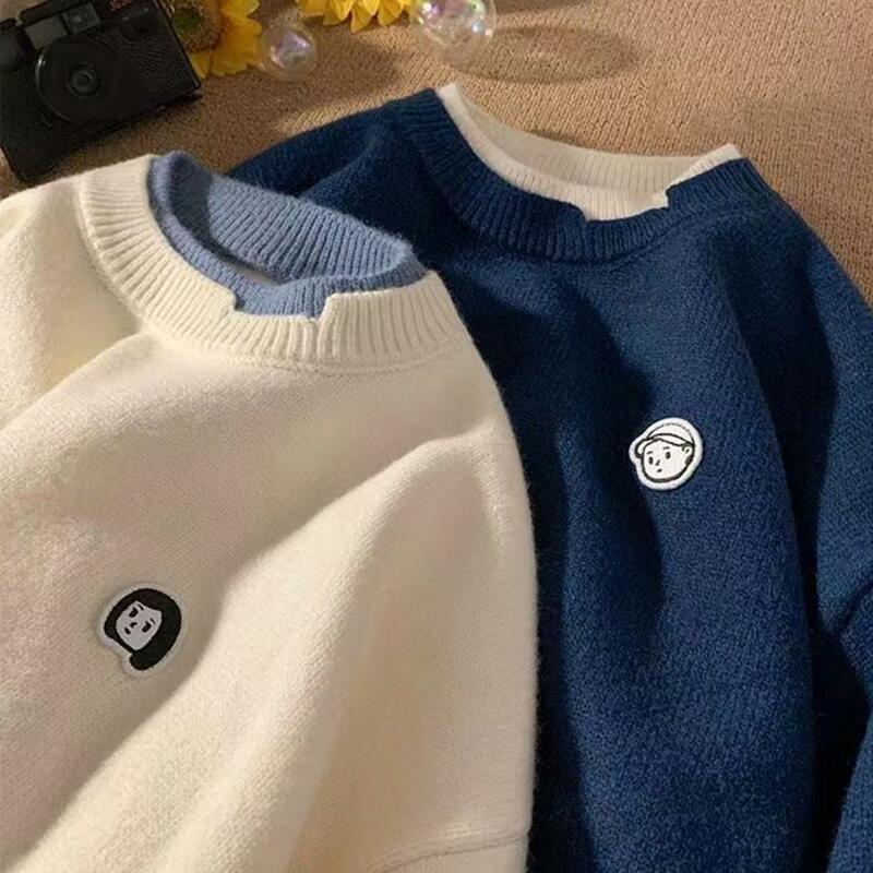 Retro Sweater Top bestickt Unisex Paar Pullover trend ige Strick oberteile für Männer Frauen lose faulen Pullover mit O-Ausschnitt lang